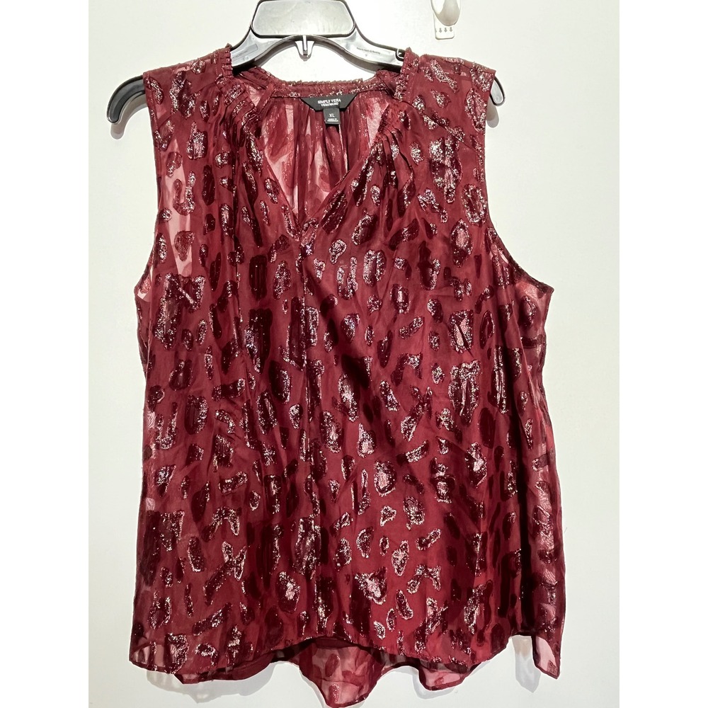 Simply Vera Vera Wang XL Burgundy Metallic Leopard Burnout V-Neck Blouse Top